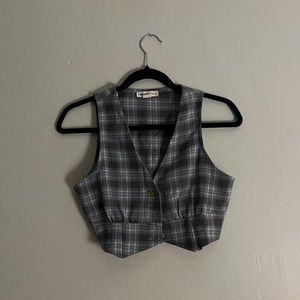 grey blue and white checkered button vest